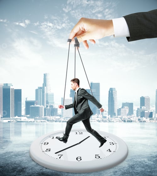 Preview: Huge Hand Making Employee Run On Abstract Clock. City Background. Manipulation And Control Concept