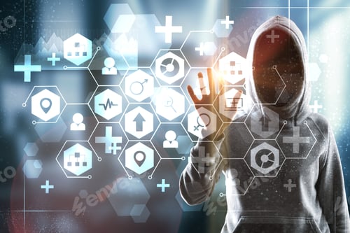 Preview: Hacker Using Creative Medical Interface On Blurry Background. Medicine And Hacking Concept.