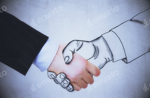 Preview: Businessman Shaking Hands With Drawn Colleague On Concrete Background. Creative Business Concept