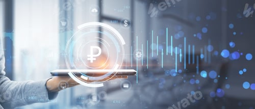 Preview: Close Up Of Female Hand Holding Tablet With Creative Glowing Round Ruble Chart Hologram On Blurry