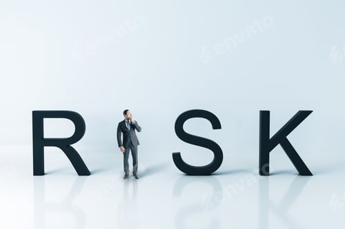 Preview: Thinking Businessman Standing Near Risk Text. Business And Challenge Concept.