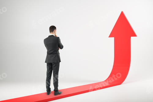 Preview: Thoughtful Young Businessman With Upward Arrow. Growth And Success Concept.
