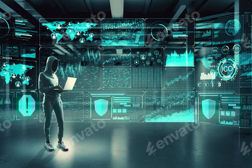 Preview: Hacker Using Digital Business Interface In Interior. Hacking And Malware Concept. Multiexposure