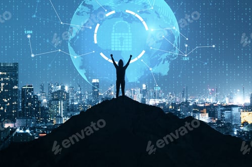 Preview: Hacker In Hoodie Standing On Backlit Hill Holding Abstract Polygon Globe Hologram On Illuminated