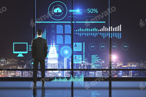 Preview: Businessman In Office Looking On Business Report Hologram On Virtuaal Screen. Business And