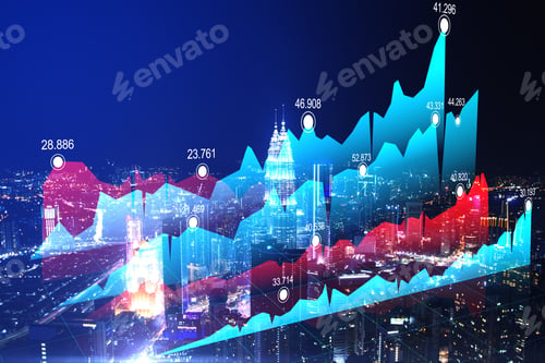Preview: Creative Business Chart On Glowing Night City Background. Trade And Market Concept. Double Exposure
