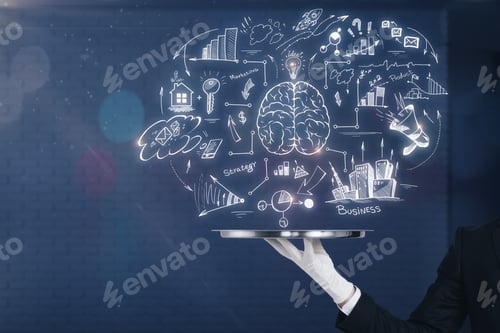 Preview: Hand Holding Silver Tray With Business Brain Sketch On Blurry Office Interior Background. Brain