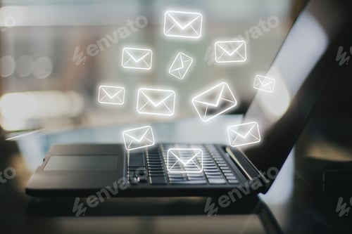 Preview: Laptop Computer On Desktop With Email Sketch. E-Mail Marketing Concept