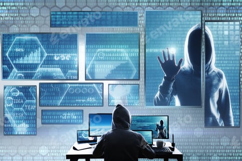 Preview: Hacking And Theft Concept. Hacker Using Abstract Laptop With Binary Code Digital Interface. Double
