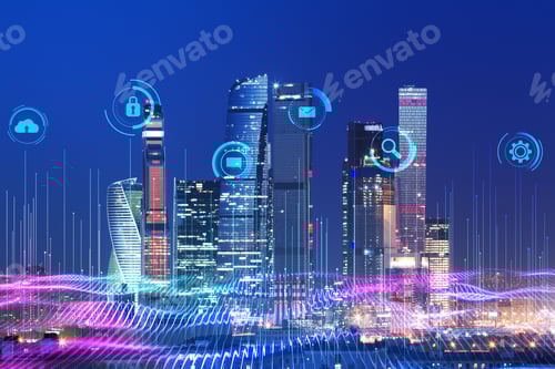 Preview: Smart City And Digital Transformation Concept With Digital Glowing Information And Communication
