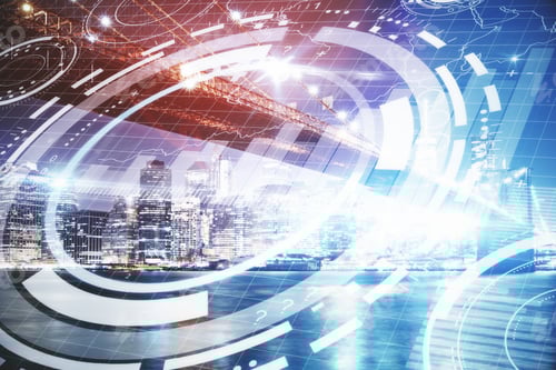 Preview: Digital Button On Abstract City Background. Technology Concept. Double Exposure