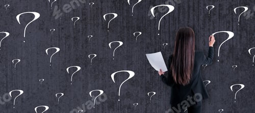 Preview: Business Solution Concept With Back View On Woman In Black Suit Writing On Blackboard White