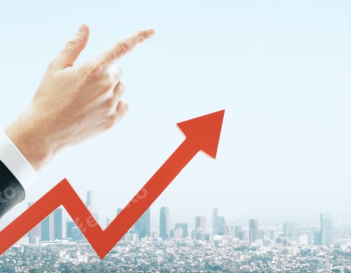 Preview: Businessman Hand And Red Arrow Pointing Up On Blurry Sky And City Background With Copy Space. Up