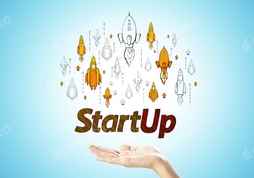 Preview: Startup Concept with Rockets and Hand Reaching Up