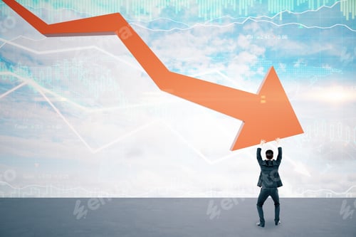 Preview: Businessman Holding Stock Market Crash Statistics Hologram With Arrow On Cloud Background. Business