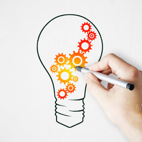 Preview: Hand Drawing Creative Cogwheel Lamp Sketch On Subtle White Background. Idea And Innovation Concept
