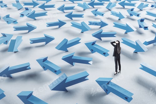 Preview: Businessman In Suit Looking On Group Blue Arrows. Leadership And Way Concept