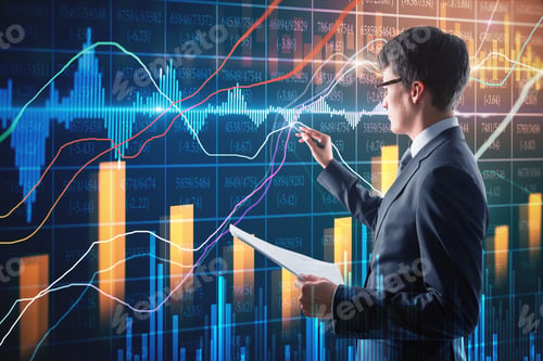 Preview: Attractive Businessman With Document In Hand Using Creative Forex Chart Interface On Blurry