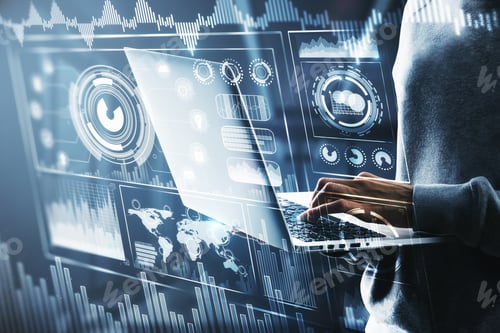 Preview: Hacker Using Laptop With Digital Business Interface. Malware And Hud Concept. Double Exposure