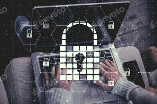 Preview: Close Up Of Hands Using Laptop With Creative Glowing Digital Padlock Interface On Blurry Background