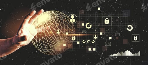 Preview: Hand Holding Creative Glowing Business Interface With Globe And Communication Icons. Network