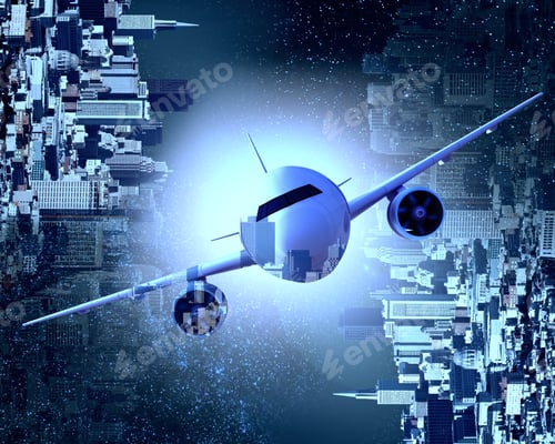 Preview: Front View Of Airplane On Abstract Night City Background. Double Exposure