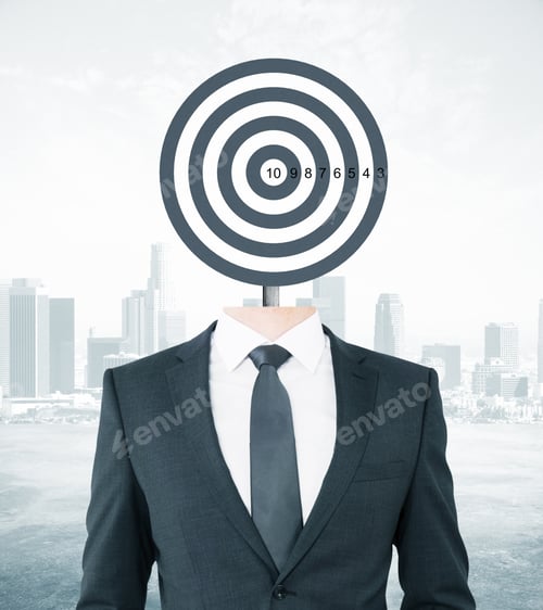 Preview: Target-Headed Businessman On City Background. Targeting Concept