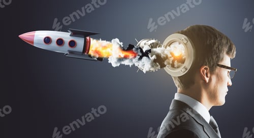 Preview: Businessman With Creative Launching Rocket. Start Up And Brainstorm Concept.