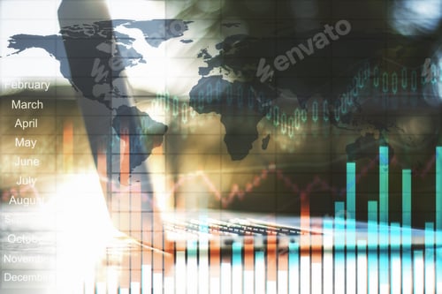 Preview: Side View Of Laptop On Abstract Blurry Sunny Outdoor Background With Forex Chart. Technology And