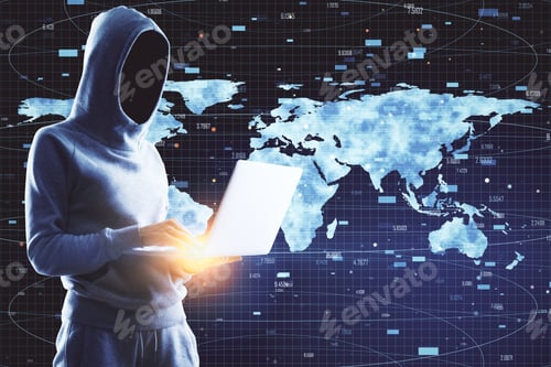 Preview: Side View Of Hacker In Hoodie Using Laptop With Forex Chart And Map Interface. Global Trade And