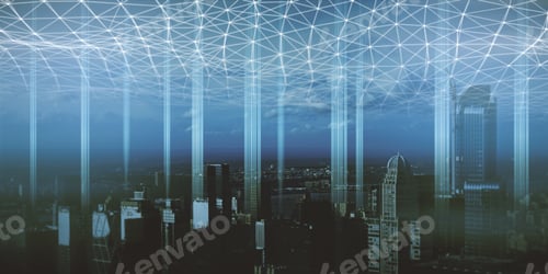 Preview: Creative City Backdrop With Glowing Polygonal Connections. Urban Technology, Smart City And Future