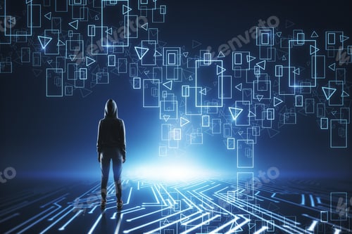 Preview: Hacking And Phishing Concept. Back View Of Hacker Standing On Abstract Digital Background.