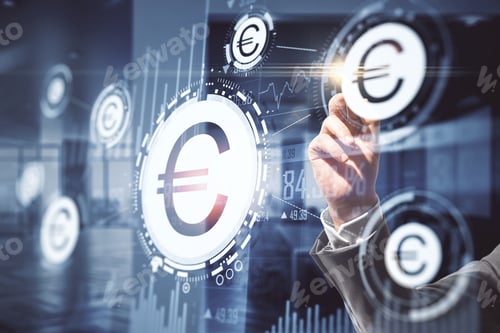 Preview: Businessman Hand Drawing Euro Symbol And Business Infographic On Virtal Screen. Business And