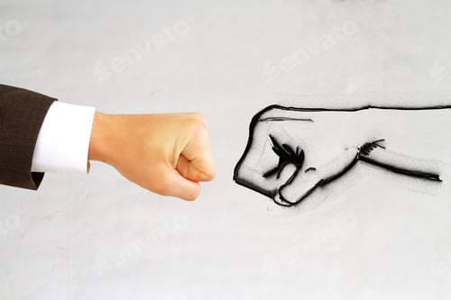 Preview: Drawn And Real Humans Fists Against Each Other On Light Background. Strength Concept