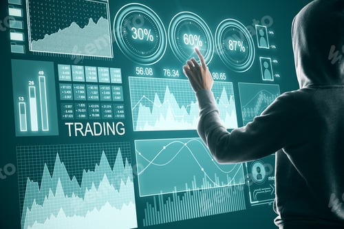 Preview: Hacker Pushing Glowing Forex Chart On Green Background. Trade And Malware Concept