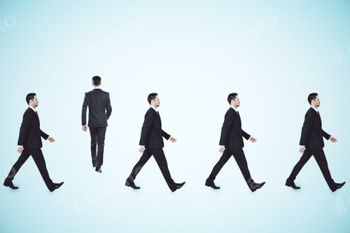 Preview: Rows Of Businessmen Walking On Light Background. Teamwork And Cooperation Concept