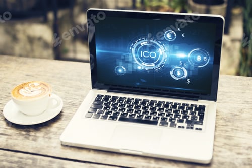Preview: Laptop With Abstract Ico Interface On Screen. Bitcoin Concept