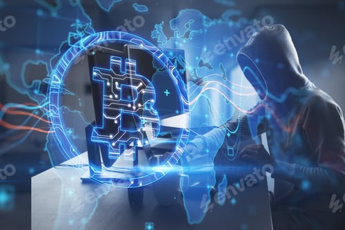Preview: Side View Of Hacker At Desktop Using Laptop With Creative Glowing Global Bitcoin Hologram On Blurry