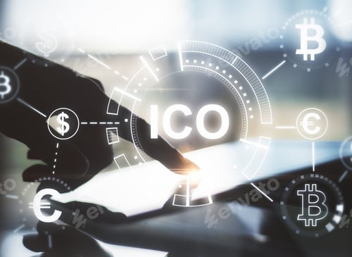 Preview: Hand Using Touchpad With Abstract Ico Hologram. Initial Coin Offering Concept. Double Exposure