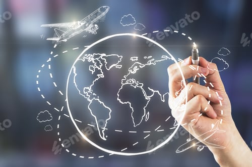 Preview: Hand Drawing Creative Traveling Sketch On Blurry Background