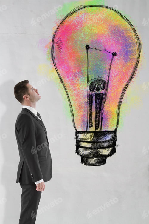 Preview: Side View Of Businessman Looking At Drawn Light Bulb On Concrete Background. Creative Idea Concept
