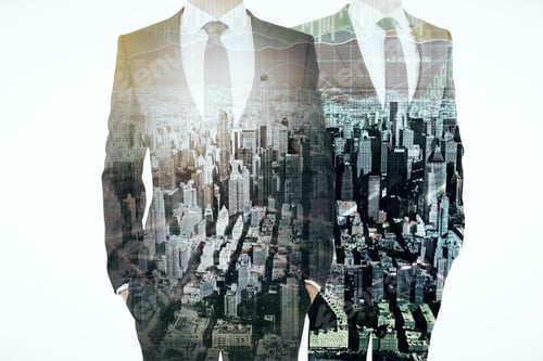 Preview: Two Businessmen Bodies In Suits On Abstract City Background With Business Chart. Financial Growth
