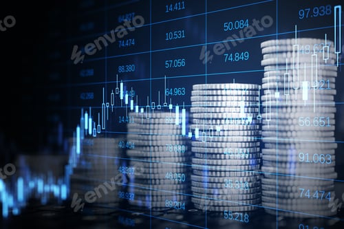Preview: Abstract Image Of Growing Coin Stacks And Candlestick Forex Chart On Blurry Background. Trade