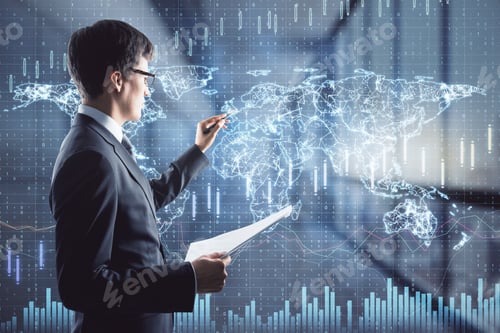 Preview: Attractive Young European Businessman With Glowing Forex Chart And Map Hologram Standing On Blurry