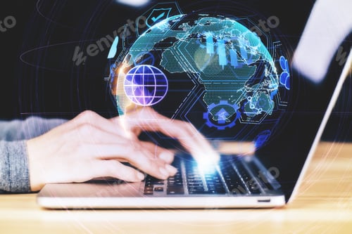 Preview: Close Up And Side View Of Hands Using Laptop With Digital Globe Interface On Blurry Background