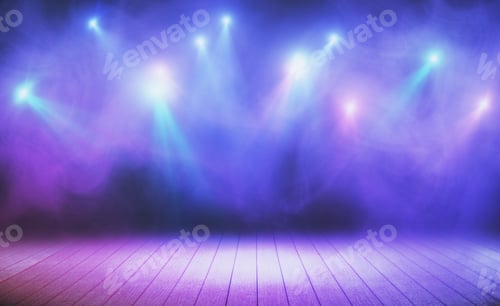 Preview: Wooden Stage With Blue Smoke And Spot Lights. Presentation Concept