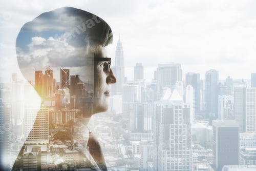 Preview: Side View Of Young Businessman On Blurry Bright City Background. Research And Future Concept
