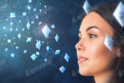 Preview: Portrait Of Attractive Young European Businesswoman With Polygonal Pattern. Technology And