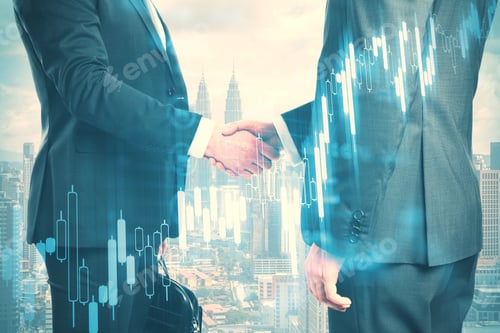 Preview: Businessmans In Suit Shaking Hands With Glowing Stock Chart On Modern City Backround. Money And