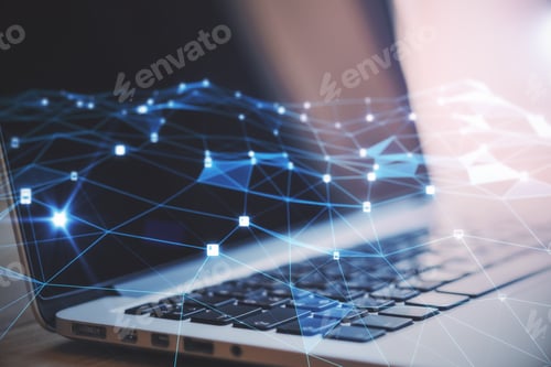 Preview: Close Up Of Hands Using Laptop With Creative Glowing Polygonal Mesh On Blurry Background